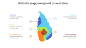 Colorful Sri Lanka map with five regions highlighted in blue, green, orange, and red, labeled with numbers and captions.