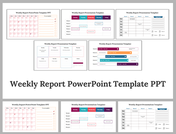 Pack of slides featuring various layouts containing colorful bars indicating metrics on weekly report.