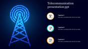 A telecommunication tower illustration with digital effects and three caption boxes representing different telecom concepts.