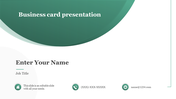 A business card presentation slide featuring placeholders for name, job title, and contact information.