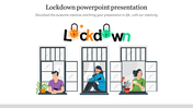 Lockdown illustration with individuals staying indoors, framed by windows, and a stylized lockdown text above.