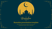 Dark teal slide with gold mosque illustration, crescent moon, star, and intricate border designs for Ramadan.