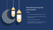 Ramadan-themed slide featuring a golden crescent moon and lanterns on a blue background with text on the right.