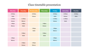 Class timetable displaying a weekly schedule with color-coded subjects and times across Monday to Sunday.