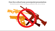 Orange and brown gun illustrations crossed out by a red prohibition sign on a white background.