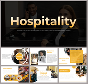 Slide deck with a focus on hospitality, with images of service staff and food, with gold text on dark backgrounds.