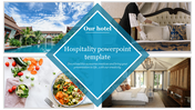 Hospitality slide featuring a luxurious hotel, room service setup, gourmet dish, and elegant guest room images.