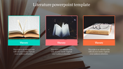 Literature-themed slide with three book images in teal, pink, and orange frames, each with a title.