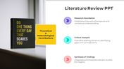 Book with quote on left, and right side lists literature review components with colorful icons.