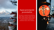 Japan-themed slide features mount fuji, a traditional red lantern, and a red central area for the title and description text.