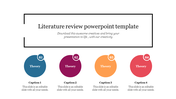 Slide design for a literature review presentation, highlighting four key theories in blue, maroon, orange, and red circles.