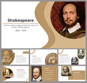 Shakespeare slide deck with a portrait and sections covering his life, works, controversies, adaptations, and legacy.