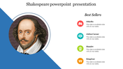 Slide featuring a blue circular portrait of Shakespeare and four colored icons with text on the right.