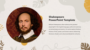 Portrait of Shakespeare in a circular frame with descriptive text on the right, against a decorative beige background.