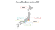 Simple gray map of Japan with seven colorful dotted lines and markers highlighting specific areas in a text box.