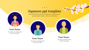 Three circular avatars in Japanese attire, and a cherry blossom branch in the top, on a yellow gradient background.