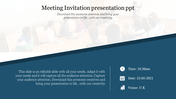 Meeting invitation template featuring time, date, venue info, and blurred image of attendees in a conference room.