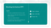 Meeting invitation slide displaying event details and text caption on a teal background.