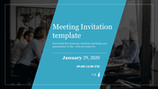 Formal meeting invitation design with a group of people in discussion and event details highlighted in blue.