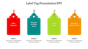 Four colorful label tags in red, teal, green, and orange with text, set against a white background.