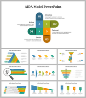 AIDA model slides focus on the four stages with various colorful layout designs and icons with text descriptions.