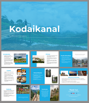 Deck of Kodaikanal slides with blue-themed slides, including images of natural beauty, cuisine, and tourist spots.