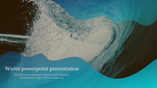 Dynamic ocean wave design with flowing blue gradients and a central text overlay in white with a caption area below.