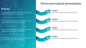 Blue gradient sidebar with text, and four teal wave shapes, each numbered with corresponding captions.