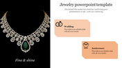 An ornate jewellery in diamond necklace on the left, and text boxes on the right with a title and icons.