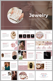 Visual presentation on jewelry covering types, care, maintenance, and current trends across multiple slides.