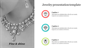 Jewelry slide with a grayscale diamond necklace image with three colorful captions on the right.