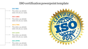 ISO certification badge in gold and blue on the right, with a list of various ISO standards in different colors on the left.