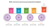 Belt conveyor process slide featuring steps and colorful boxes representing different stages of production.