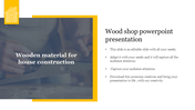 Woodworking slide featuring hands planing wood and house icon in a yellow box, with placeholder text areas on the right.