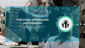 Slide with a background image of volunteer work, and a blue overlay with the title and a raised hands icon on the right.