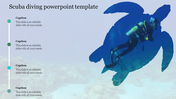 Scuba diving slide with a diver inside a blue turtle silhouette, and four text sections with dots on the left.