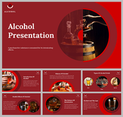 Set of slides with circular images and red backgrounds, covering topics like alcohol types, effects, and history.