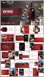 Slide deck featuring images of wine bottles, glasses, and corks, covering varieties, tasting, and regions, with red accents.