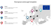 Slide showing European Union map with flight paths connecting four countries and flags marking text areas.