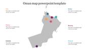 Gray map of Oman with six colored markers indicating different locations, each with corresponding captions around.