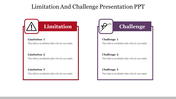 Slide featuring limitation and challenge sections  in red and purple with icons, text boxes for key points.