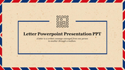 Envelope-themed presentation slide with a border of red and blue stripes and a letter icon in the center.