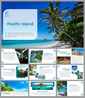 Slide deck showcasing vibrant images of Pacific islands, with geographical diversity, tourism, and cultural richness.