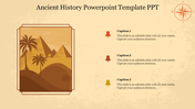 Ancient history slide featuring a desert landscape with pyramids and palm trees on a vintage styled background with captions.