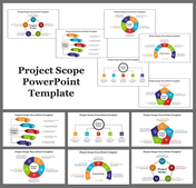 Multiple slide layouts displaying different project scopes with colorful diagrams and text boxes with icons.