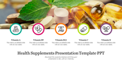 Five colored circles with vitamin icons, aligned horizontally below a background of supplements, pills, and green leaves.