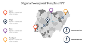 Map of Nigeria with four colored location markers along with dashed travel paths, and two circular data icons on the right.