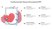 Slide on cardiovascular disease featuring a stethoscope and heart graphic with six content areas for medical topics.