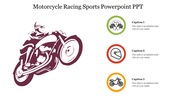 Illustration of a motorcycle racer in motion and three colorful icons in green, red, and yellow with captions on the right.