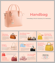 Slide pack with handbag images on a soft pink background featuring history, care, production, and types.